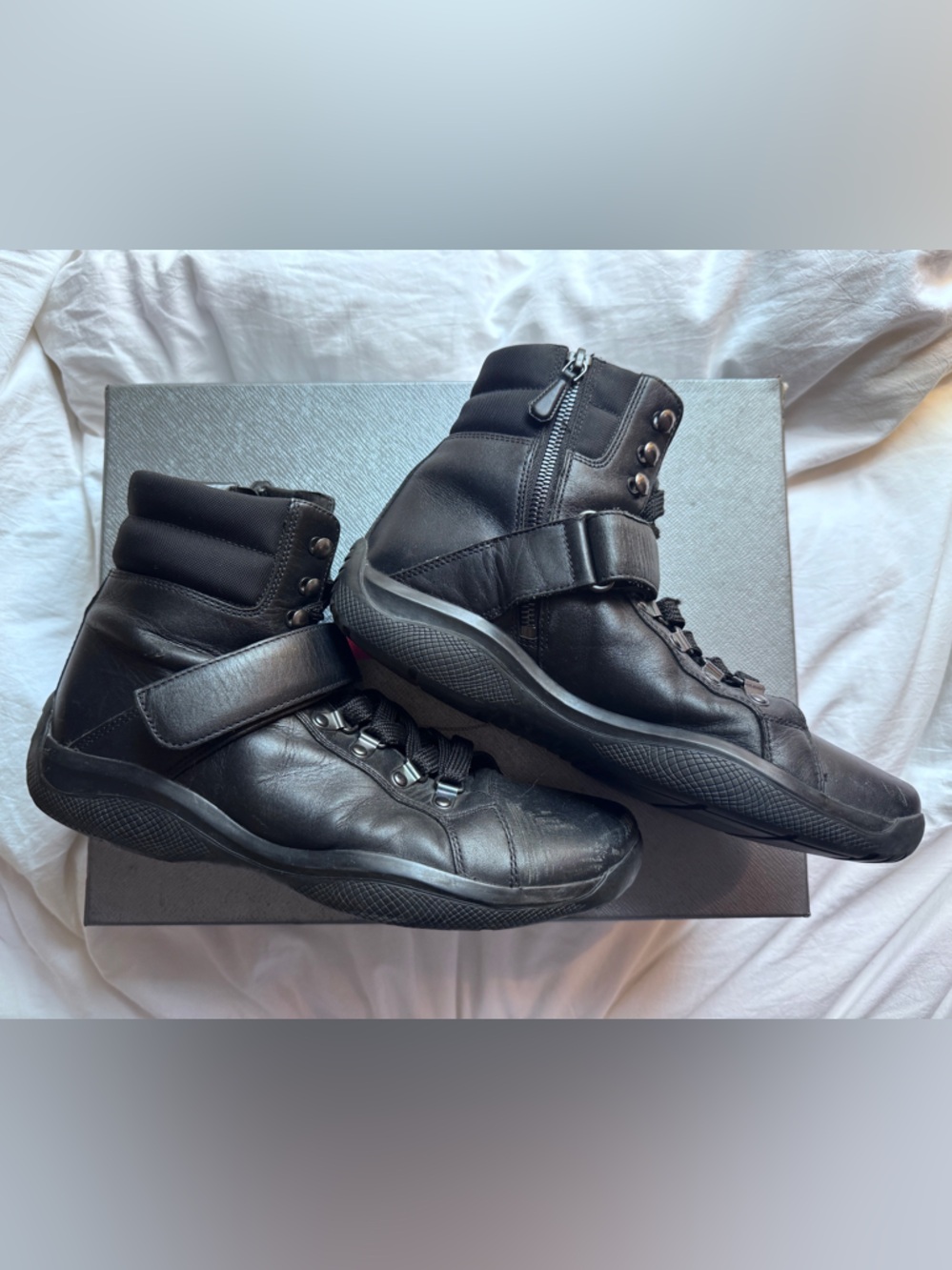 Prada Black Leather High-Top Strap Boots